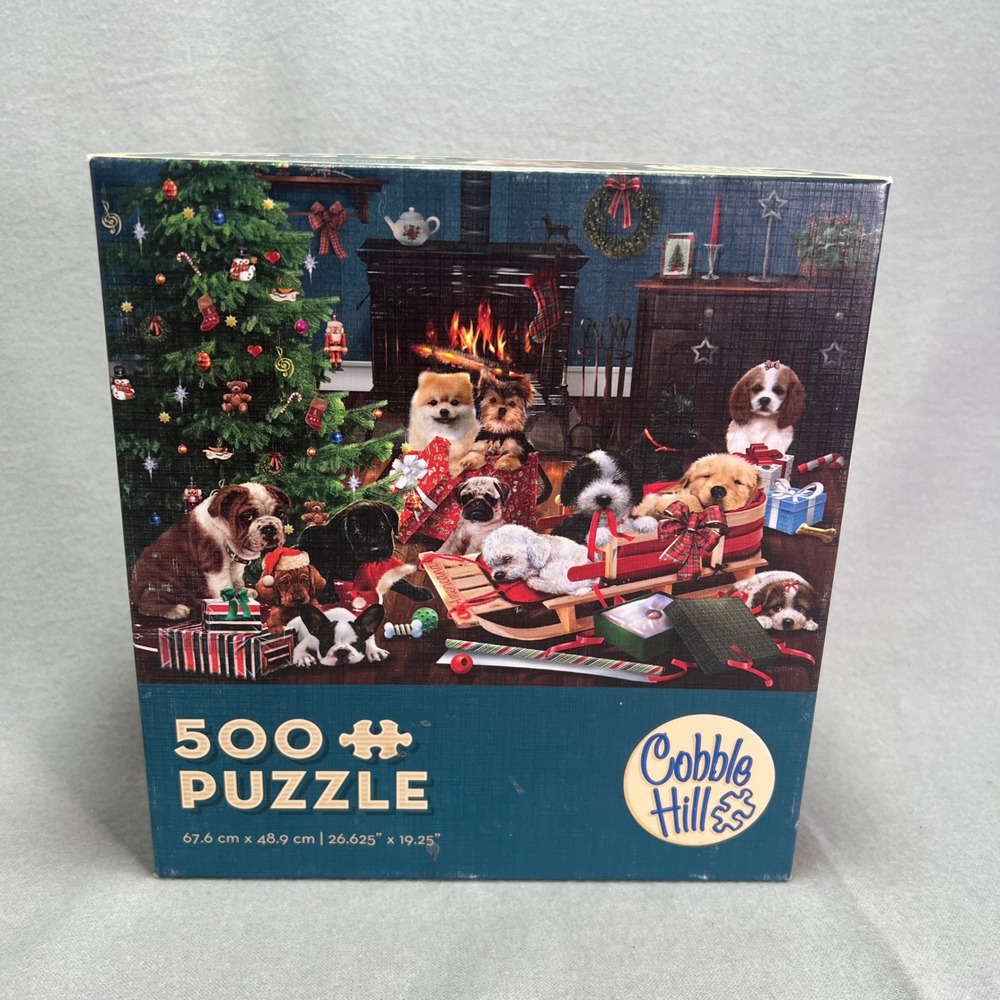 Cobble Hill Jigsaw Puzzle Christmas Puppies Holiday Dog Sled Textured 500 Piece - Picture 2 of 8
